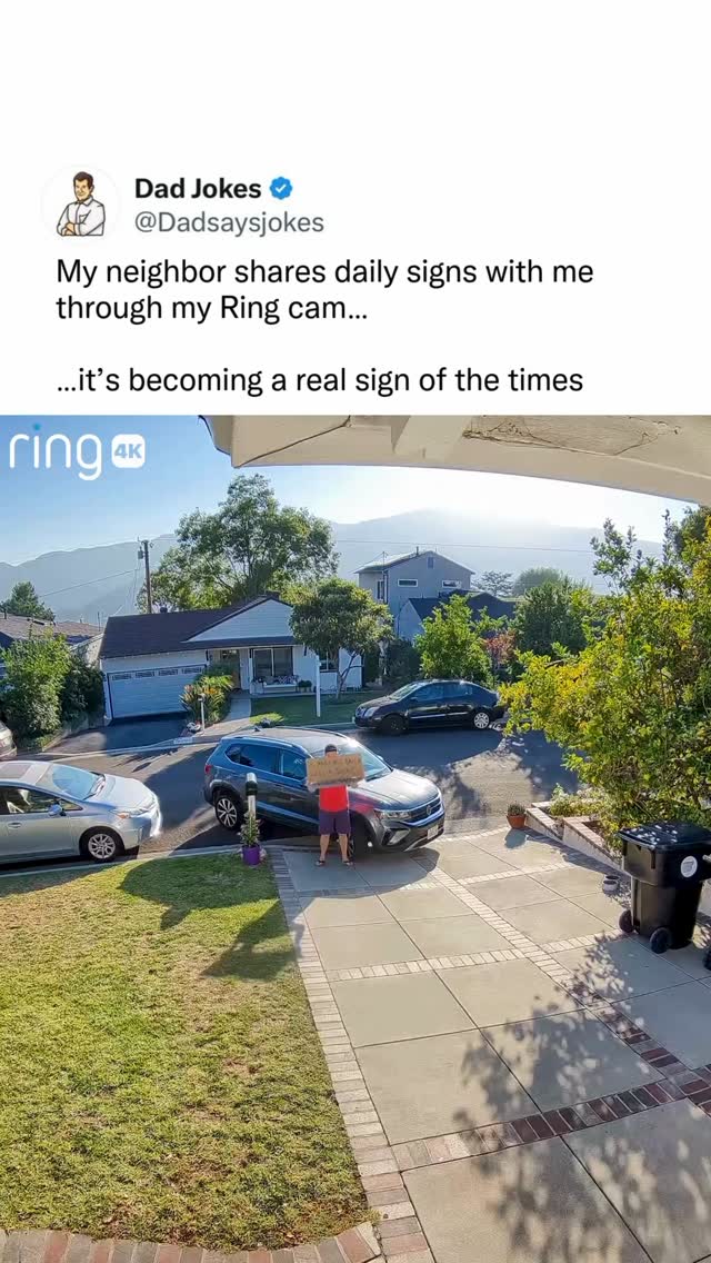 Instagram post by @dadsaysjokes for Ring. Caption reads: Very sign-ificant 🪧🪧🪧

See every detail with....