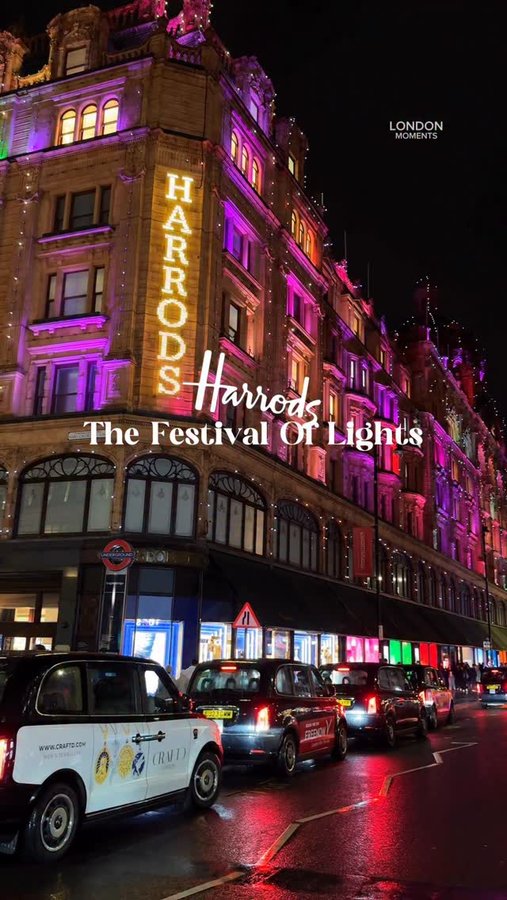 Instagram post by @london.moments_ for Harrods. Caption reads: A stunning Festival of Lights display transforms....