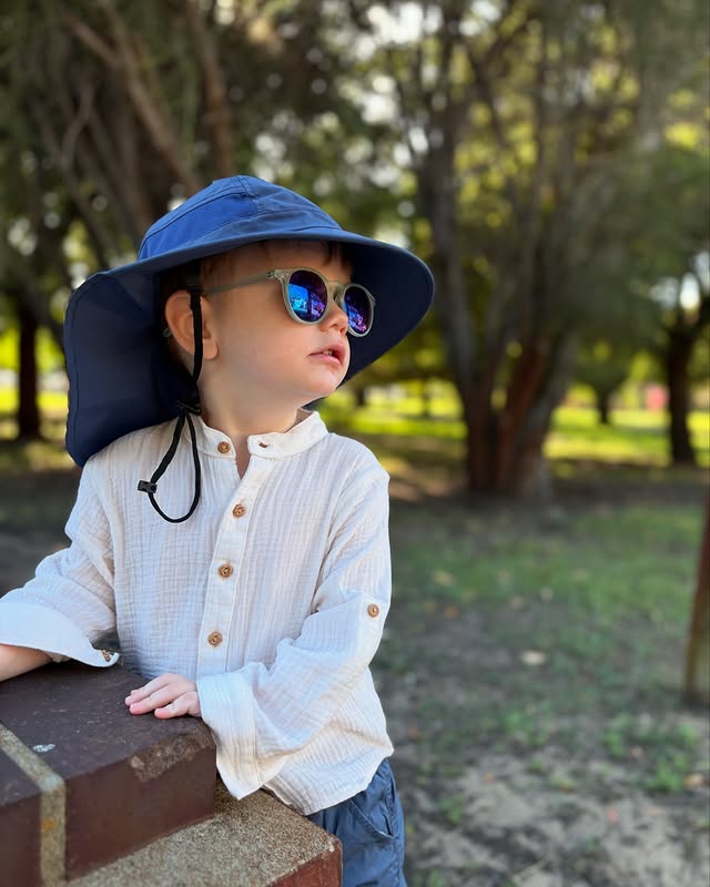 Instagram post by @vickibaloba for Solbari. Caption reads: Sun-Smart Playtime with Cameron with @solbari ! ☀️....