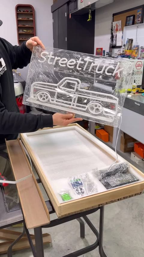Instagram post by @streettruckdiecast for GS-JJ.com. Caption reads: Received this custom neon sign from @gsjj_official....