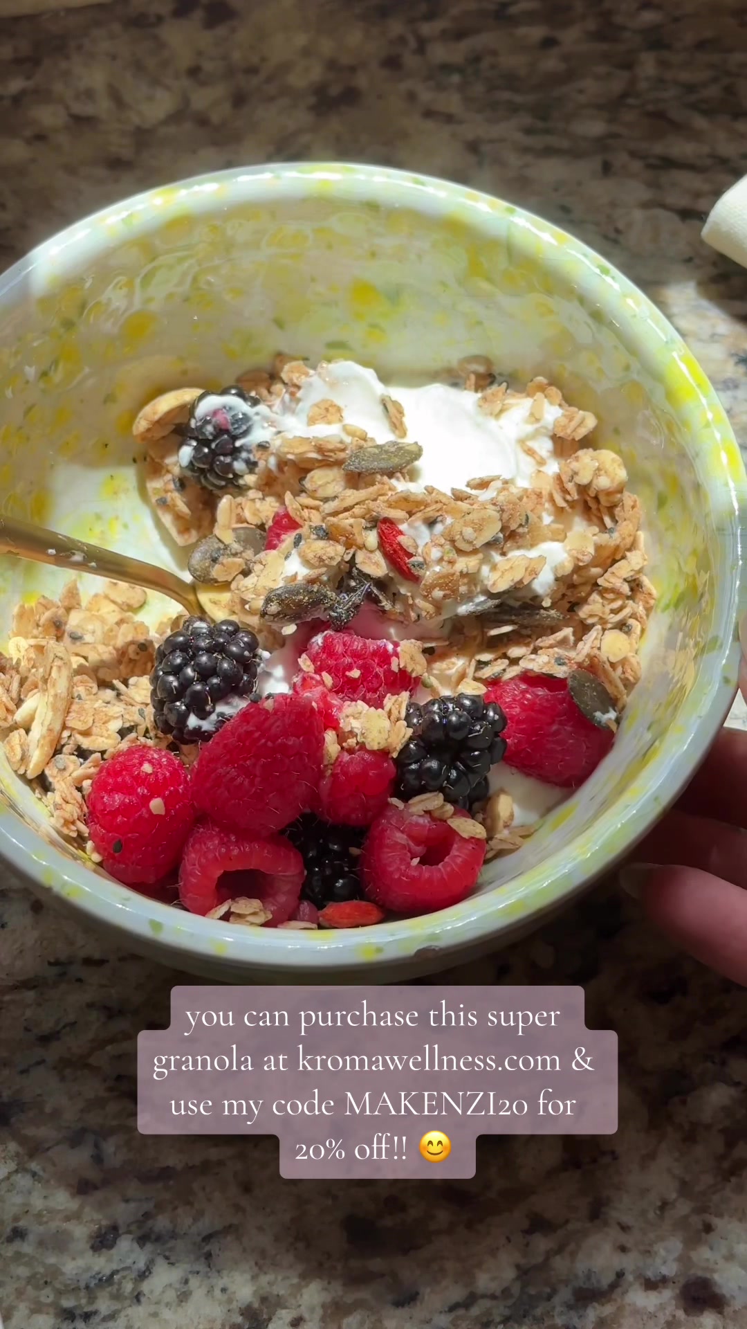 TikTok post by @nourishwithmakenzi for Kroma Wellness. Caption reads: a greek yogurt bowl with berries + granola is one....
