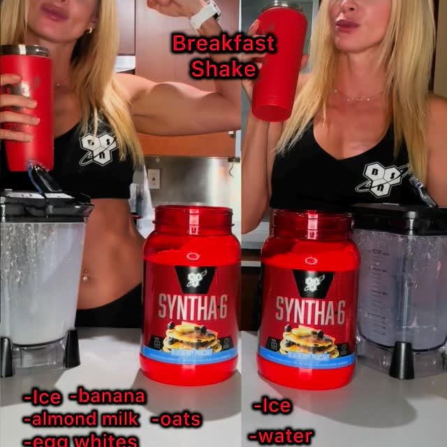 Instagram post by @lizzieifbbpro for BSN. Caption reads: Bulking vs. Cutting 🍌🥄 Which shake are you....