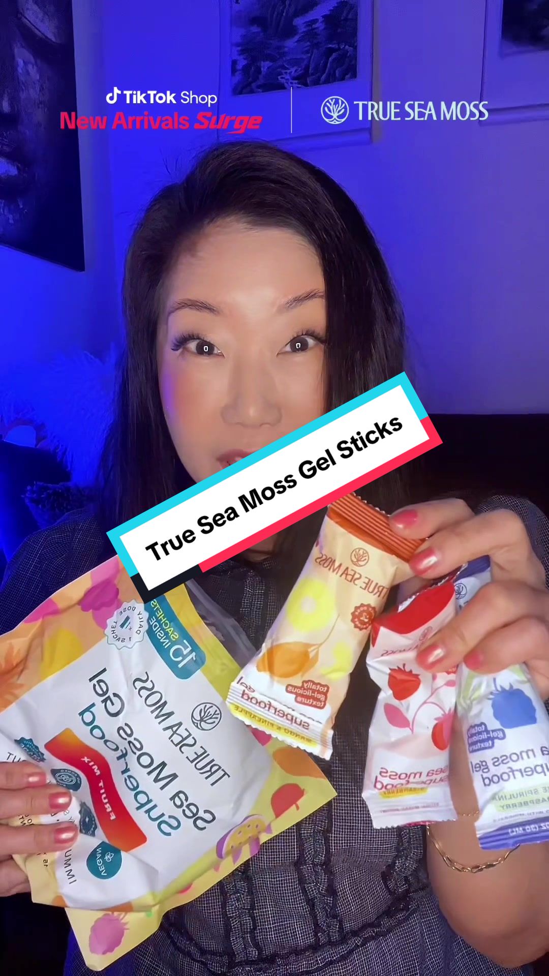 TikTok post by @girlwithadoge for TrueSeaMoss. Caption reads: [...] sachet! #newarrivalssurge #trueseamoss....