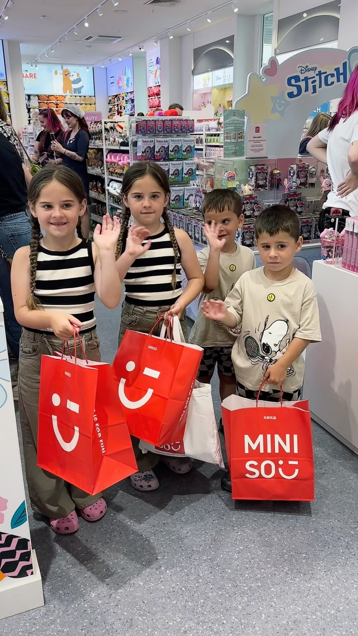 Instagram post by @multiple_twin_mum_plus1 for MINISO UK. Caption reads: Today these guys got to be one of the first inside....