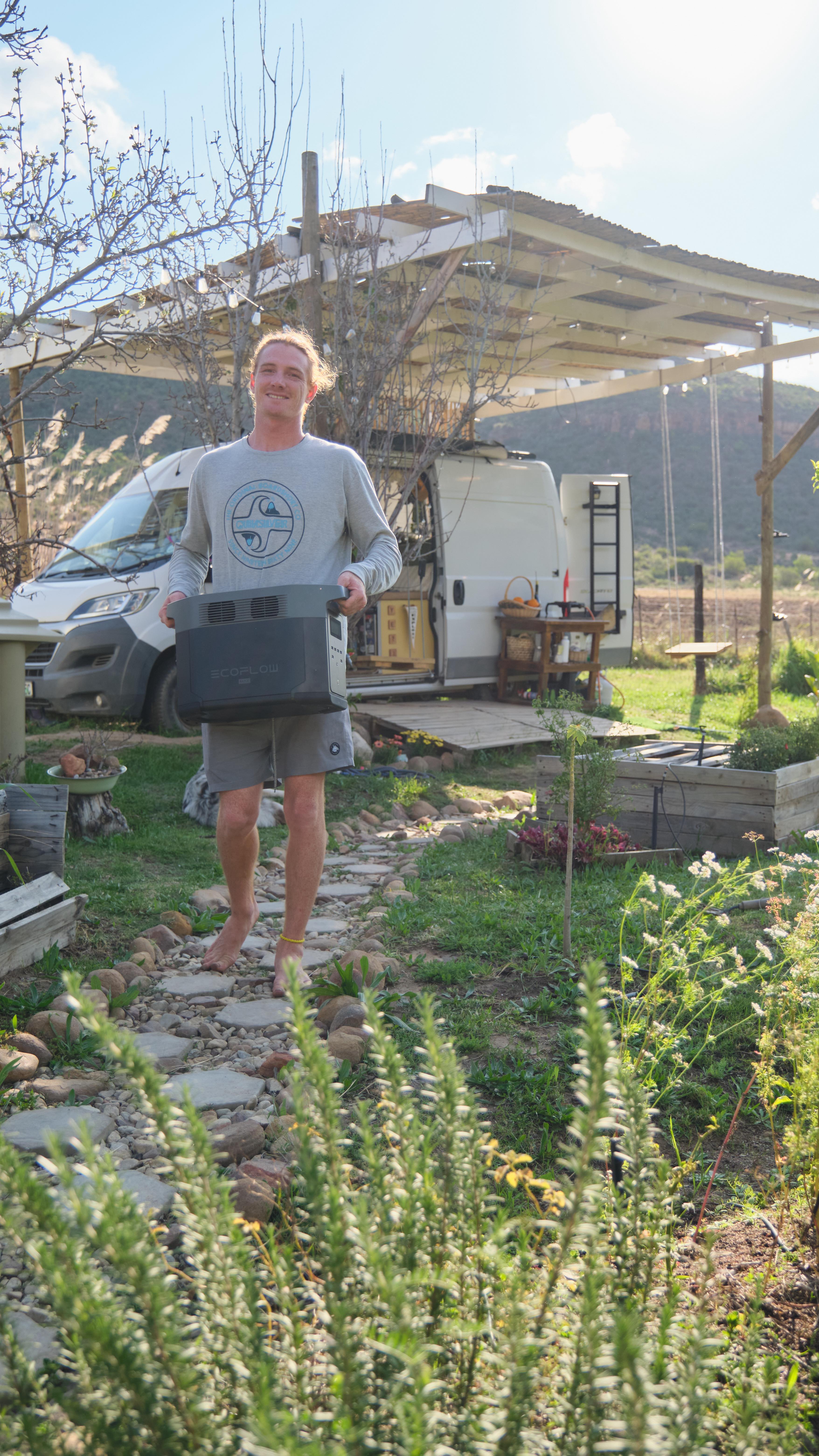 Instagram post by @wanderers_and_whiskers for EcoFlow. Caption reads: [...] supports up to 3400 watts output ☕️⚡️....