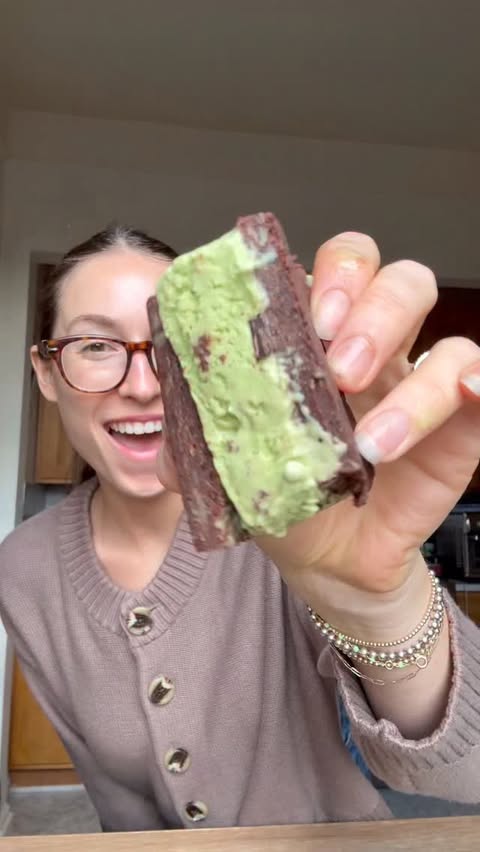 Instagram post by @glowwithella for Alec's Ice Cream. Caption reads: No Bake Brownie Matcha Chip Ice Cream Sandwiches....