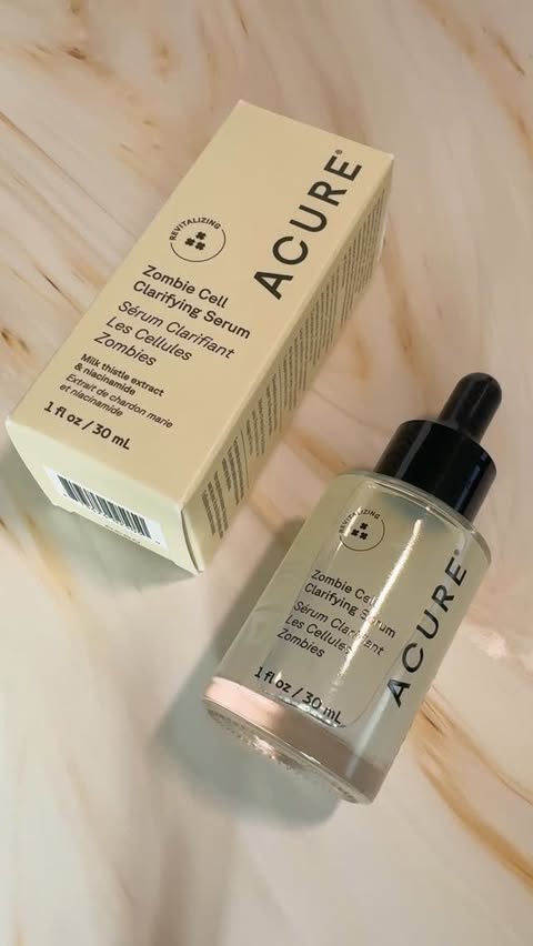 Instagram post by @kimsaysfourletterwords for ACURE. Caption reads: [...] Zombie Cell Clarifying Serum from Acure. now....