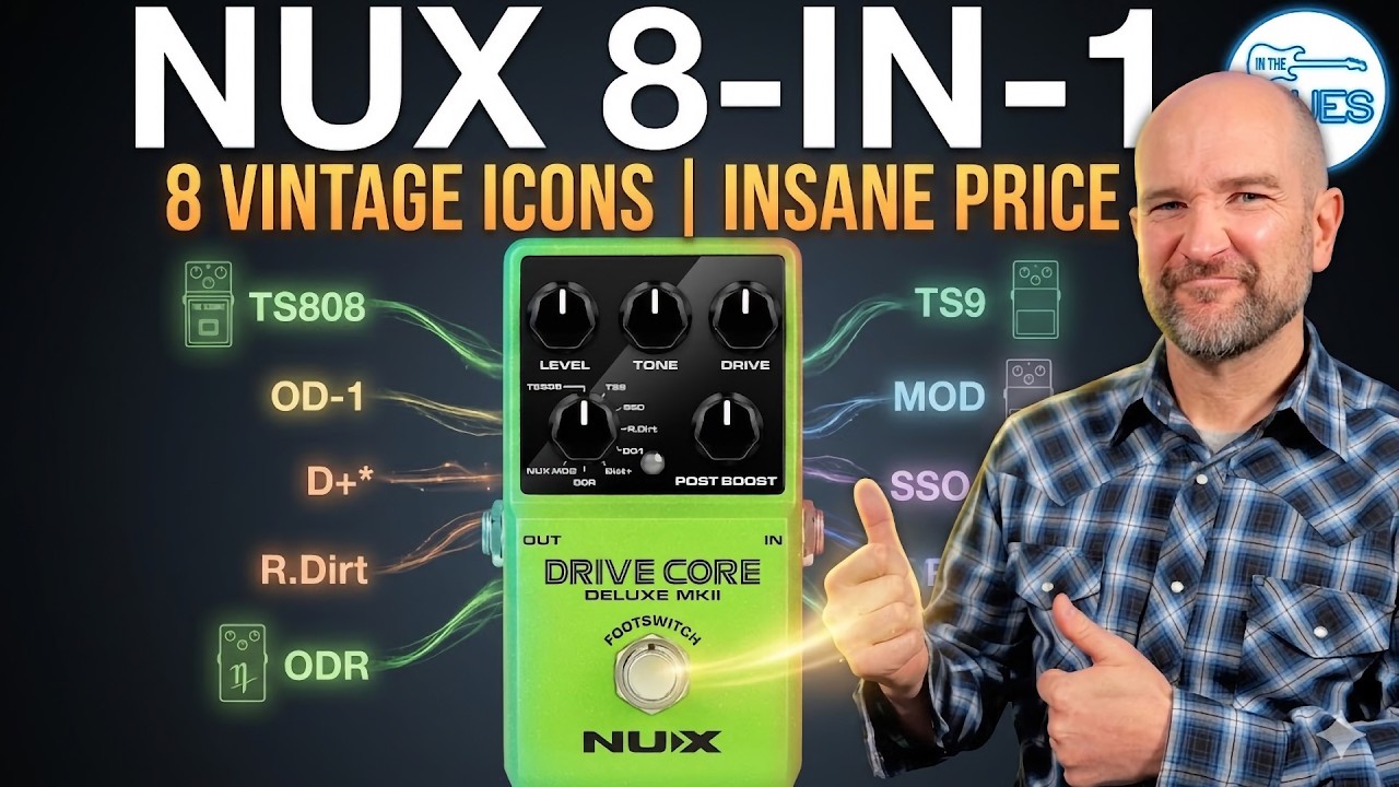 YouTube post by @intheblues for Sweetwater Integration. Caption reads: 100% Analog - NUX Drive Core Deluxe MK II Review:....