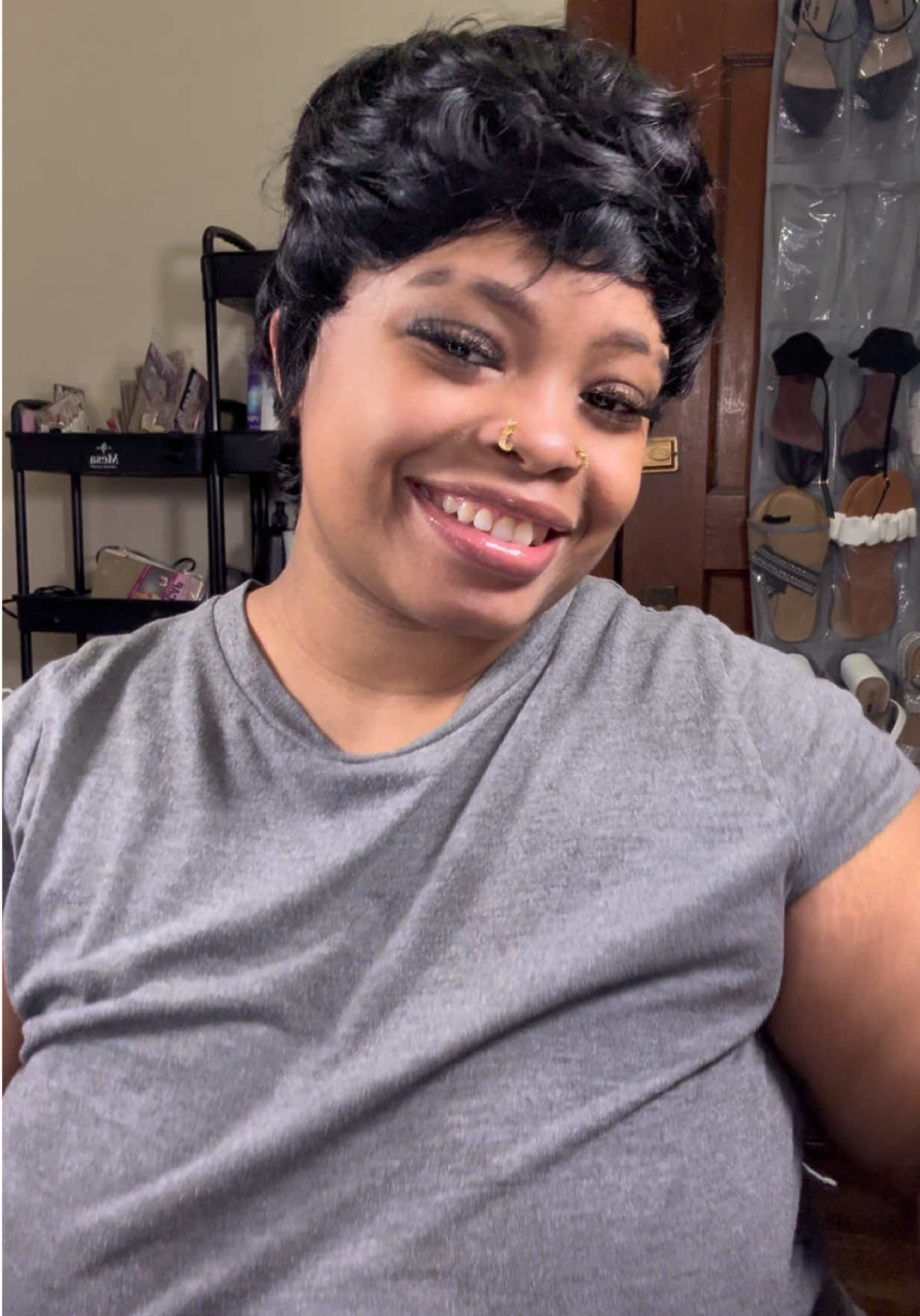 TikTok post by @mimikhamilli for Showreal Human Hair. Caption reads: I absolutely love this bowl cut pixie wig from....