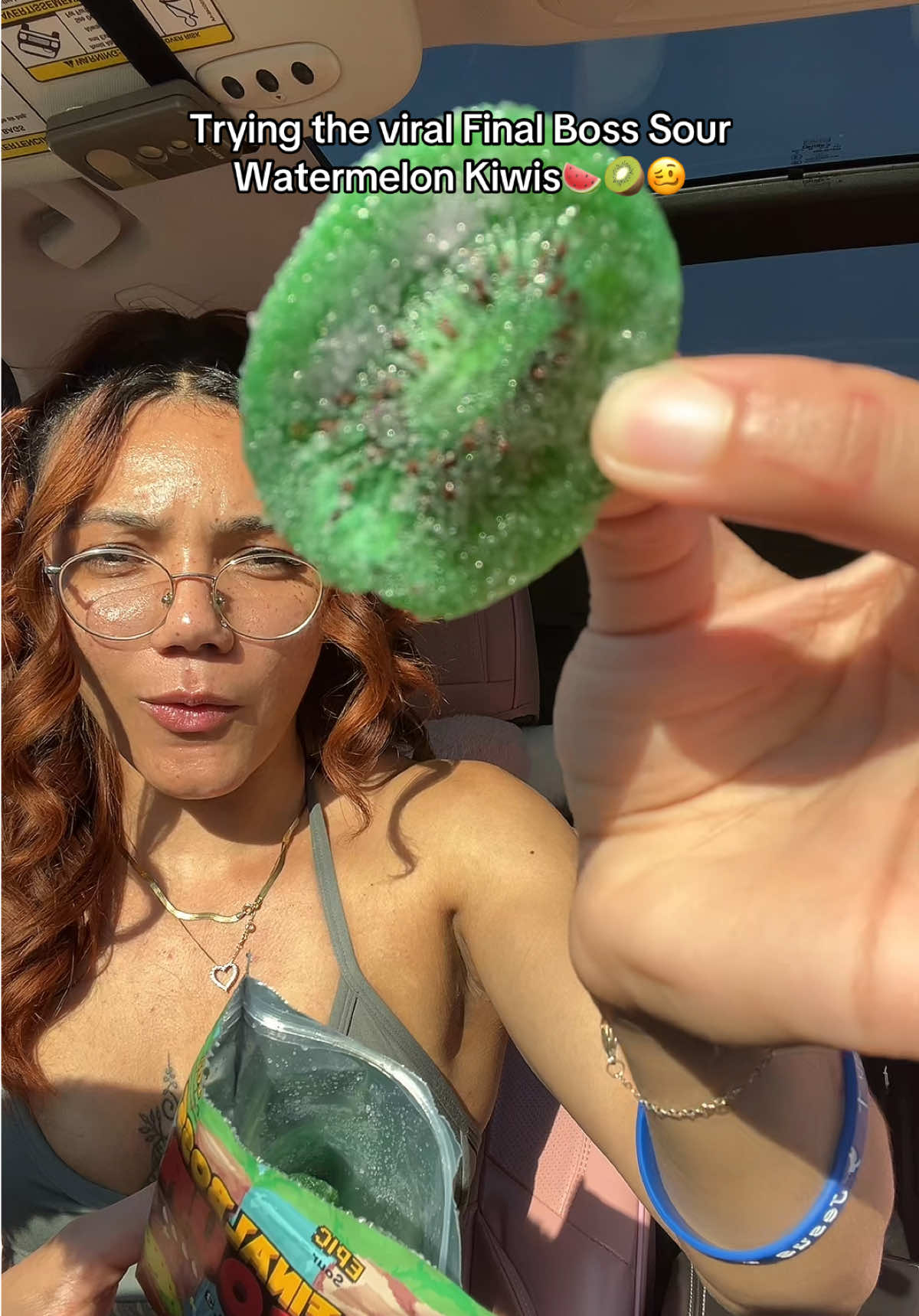TikTok post by @defined.by.destinee for Final Boss Sour. Caption reads: Trying the viral @finalbosssour Watermelon Kiwis....