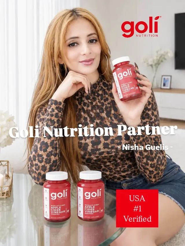 Instagram post by @nishagueliss for Goli Nutrition. Caption reads: ✨ Nisha Guelis × Goli Nutrition | Partner....
