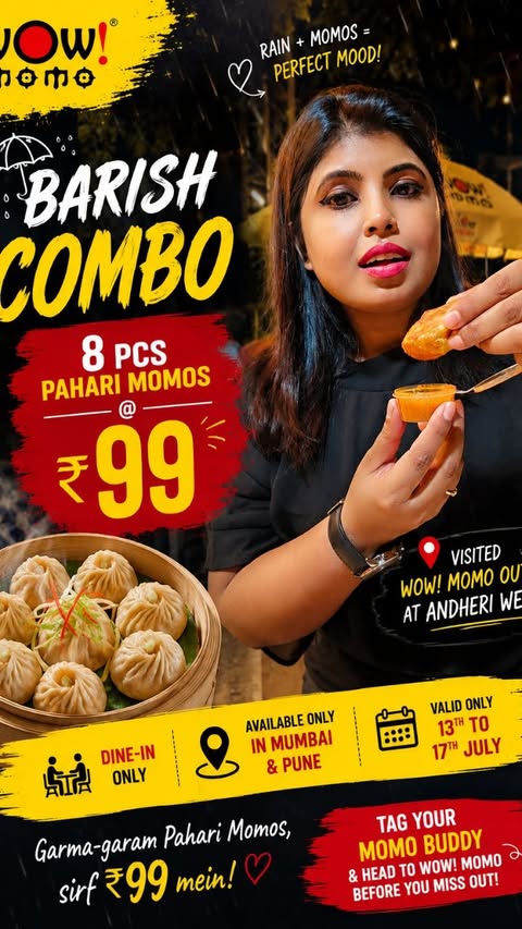 Instagram post by @pooja_das7710 for Wow! Momo. Caption reads: Get 8 Pcs of Pahadi Steam Momo at just ₹99/- Offer....