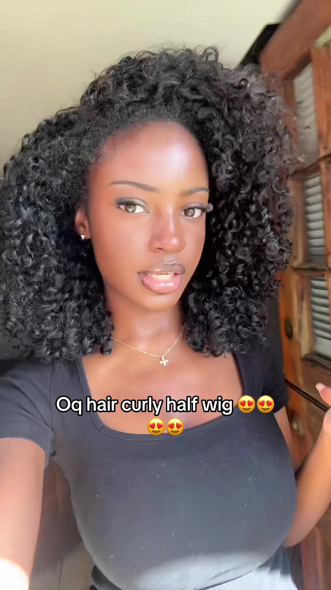TikTok post by @msnevamiss for OQ Hair Shop. Caption reads: Luv @OQHAIR @oqhairshop #KinkyCurly#halfwig [...].