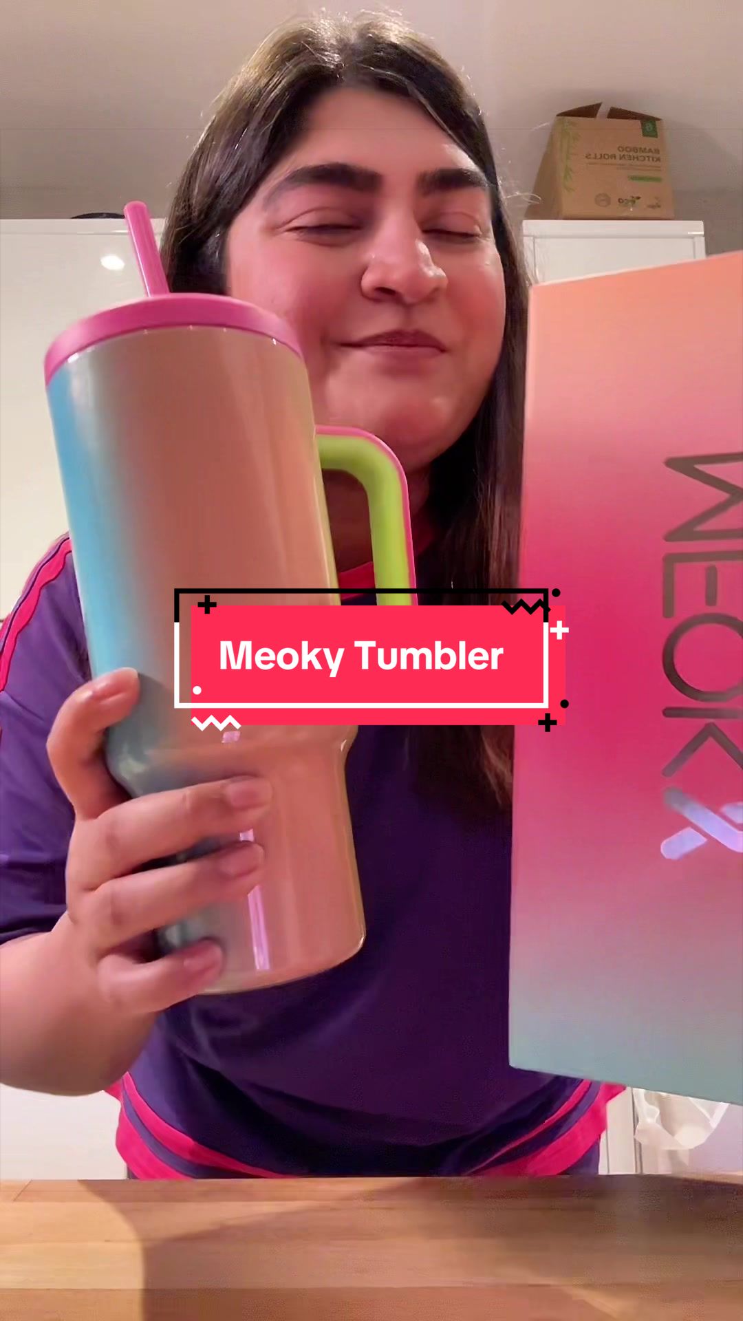 TikTok post by @lifeofkanwalosama for Meoky Cup. Caption reads: What an amazing surprise! Loving my new tumbler by....
