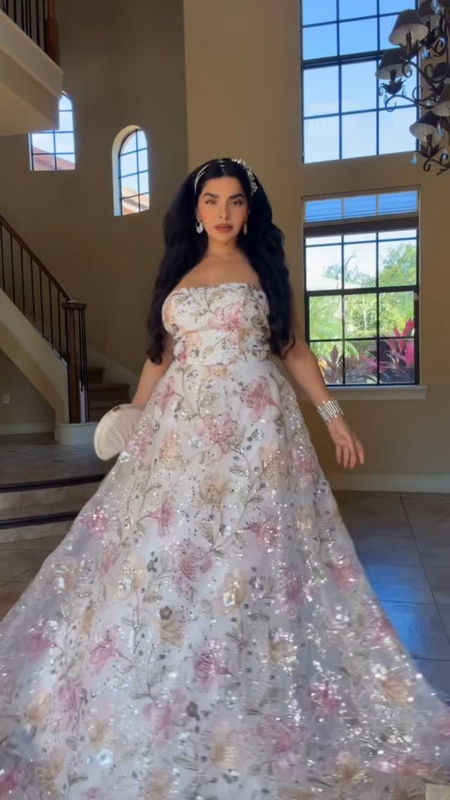 Instagram post by @xmyraboss for Zapaka. Caption reads: [...] Strapless Sequin Floral Long Prom Dress....