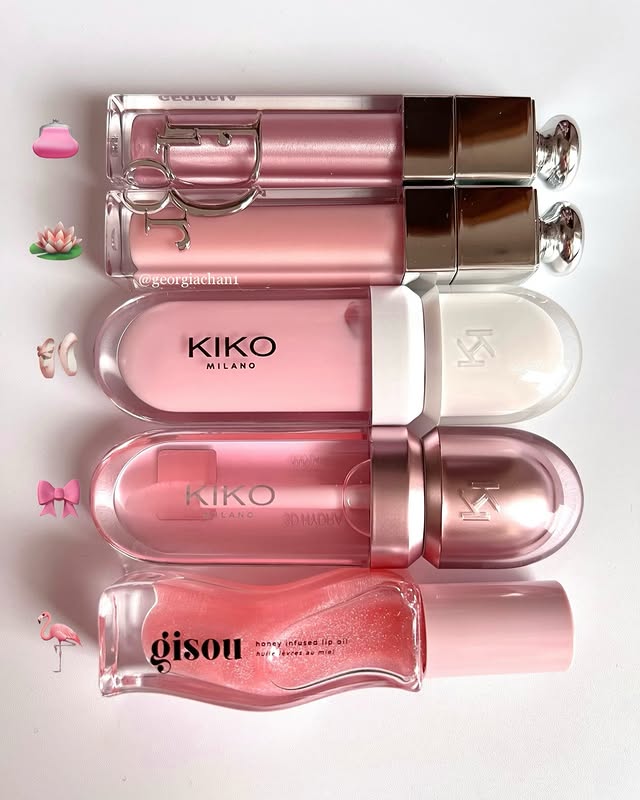 Instagram post by @georgiachan1 for Gisou. Caption reads: [...] Glossy Pink 🎀 @diorbeauty @gisou....