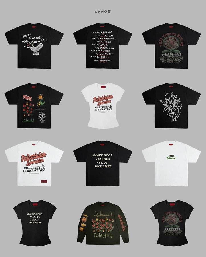 Instagram post by @lanzybear for Chnge. Caption reads: 🇵🇸: 100% of proceeds donated to a collective of....