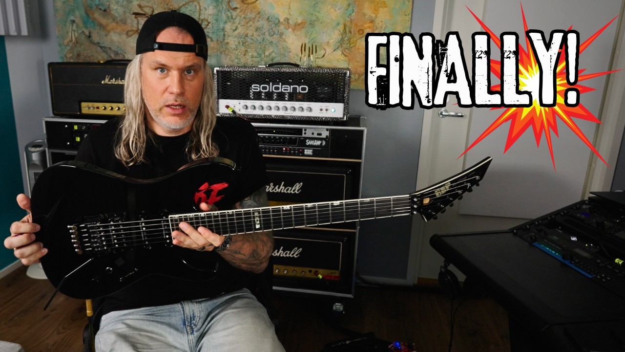 YouTube post by @EugeValovirta230V for Thomann. Caption reads: ESP MIRAGE CUSTOM Lawsuit Reverse Headstock from....