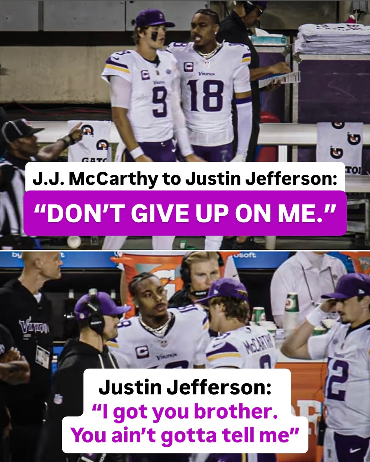 Instagram post by @adamschefter for Sports Center Nepal. Caption reads: Justin Jefferson never doubted his QB J.J.....