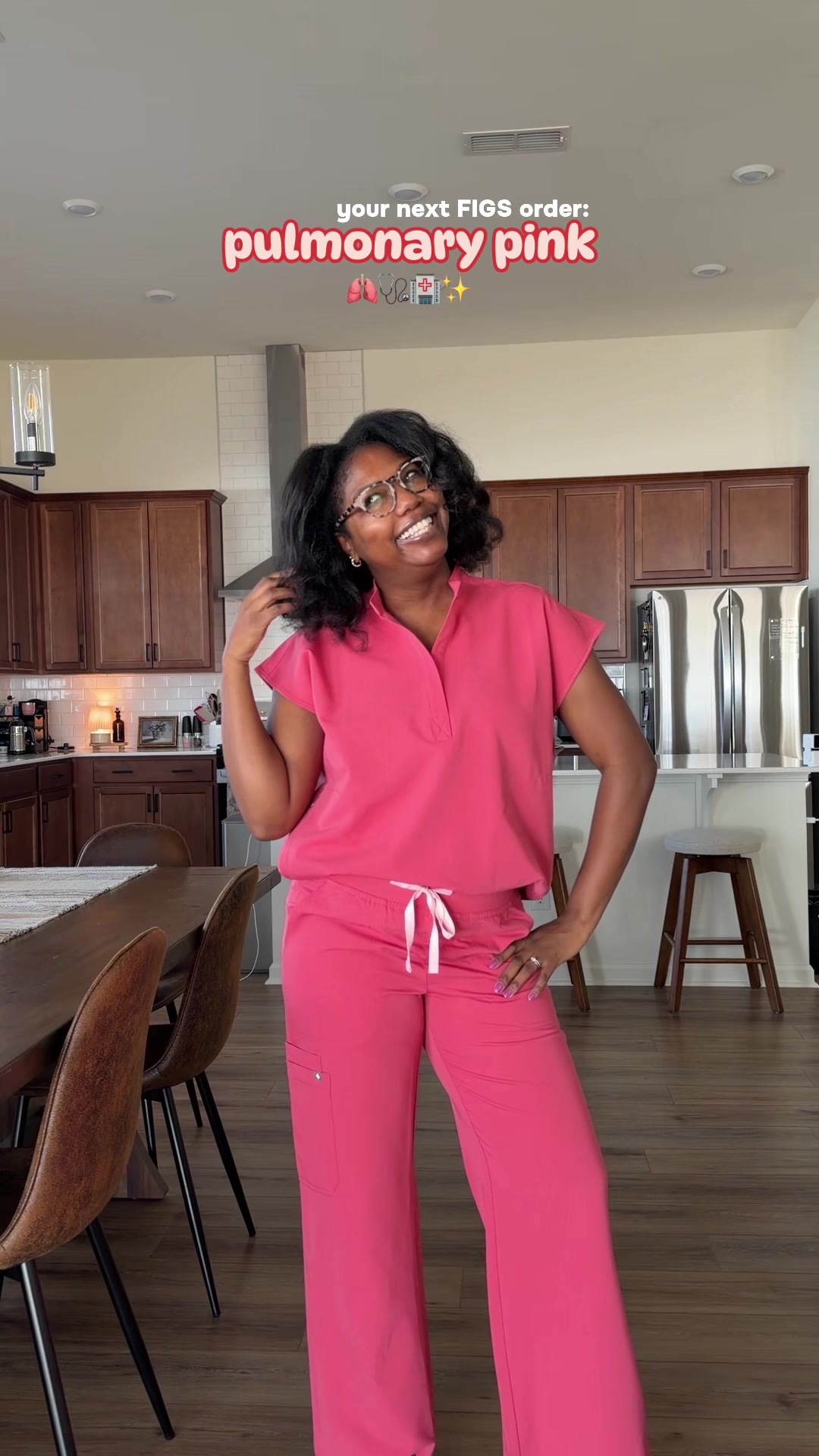 TikTok post by @itsdashaeharris for FIGS. Caption reads: Pulmonary Pink is THAT girl 🫁🩷✨ @wearfigs I....