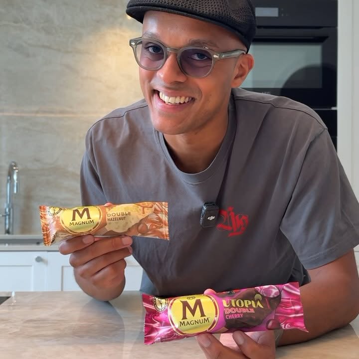 Instagram post by @benjaminkanu_ for Magnum Ice Cream. Caption reads: Reklame for @magnum 
Elsker du tyk knasende....