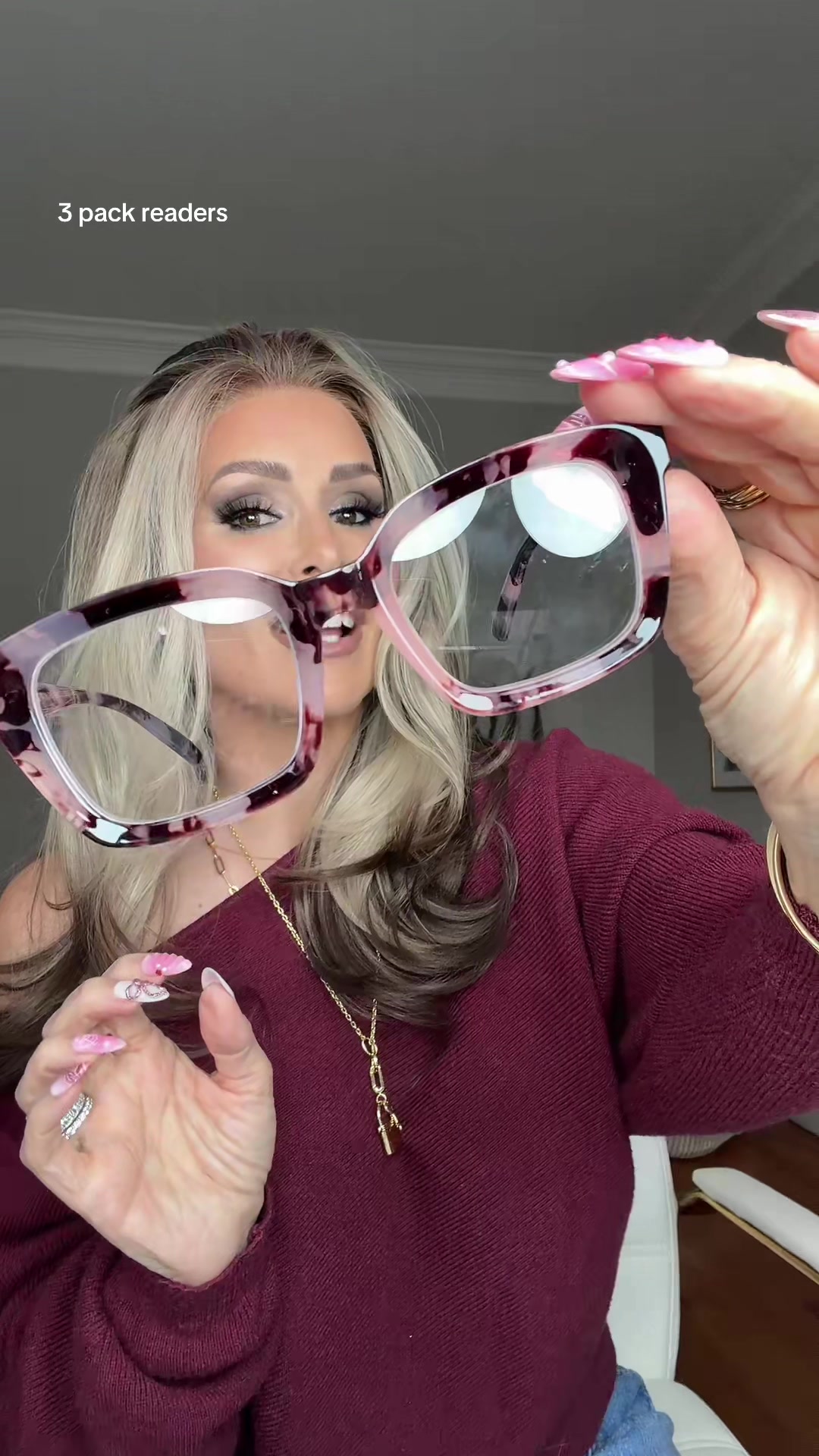 TikTok post by @thehairhoneys for RESJOK Reading Glasses. Caption reads: 3 pack readers @RESJOK READING GLASSES Christie....