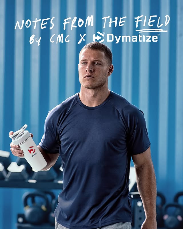 Instagram post by @christianmccaffrey for Dymatize. Caption reads: [...] before the lights come on. Fueled by....