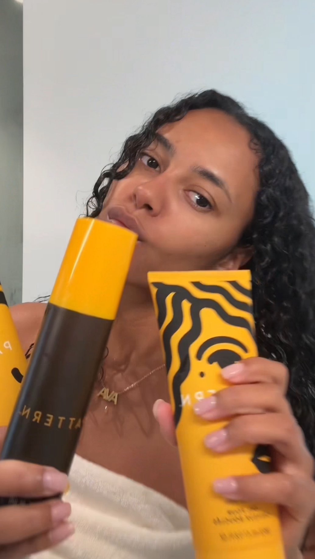 Instagram post by @ava_dash for Pattern. Caption reads: one week of curl care & Repair360 Leave-In Foam....