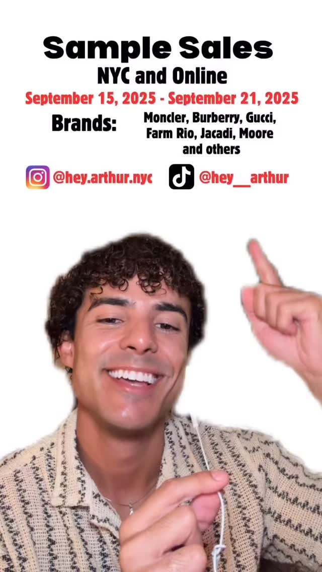 Instagram post by @hey.arthur.nyc for 260 Sample Sale. Caption reads: Here’s your weekly list of sample sales going on....