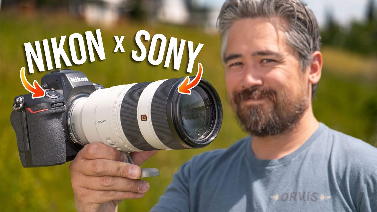 YouTube post by @PetaPixel for Westcott Lighting. Caption reads: Mounting SONY Lenses on NIKON Cameras!.