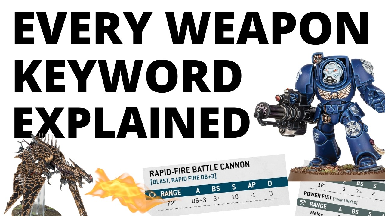 YouTube post by @auspextactics for ELEGOO. Caption reads: Every Weapon Keyword in Warhammer 40K EXPLAINED -....