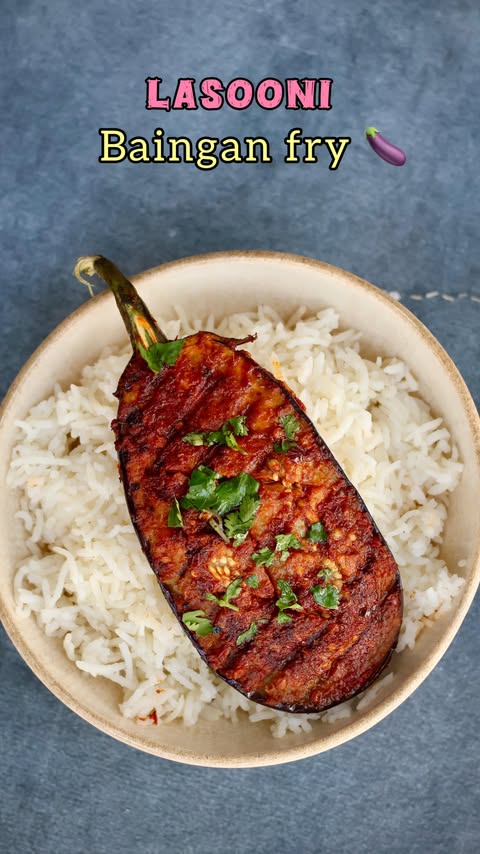 Instagram post by @_ak_foods for The Indus Valley. Caption reads: Lasooni Baingan Tawa Fry 🍆😋 

Used Cast Iron....