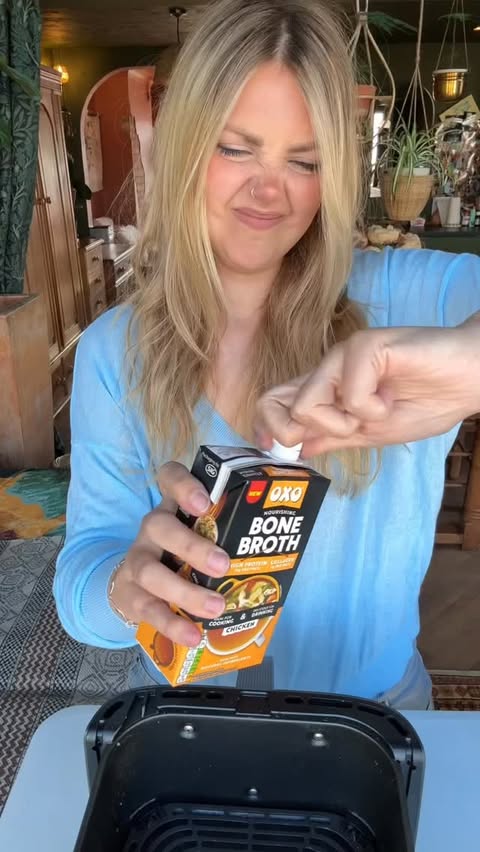 Instagram post by @fannychupp for OXO. Caption reads: AD Fanny Chupp X OXO Bone Broth Name a better....