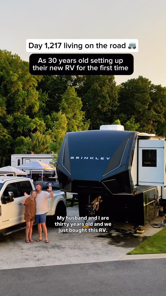 Instagram post by @travelinthoms for GenY Hitch. Caption reads: Come with us to set up our new RV for the first....