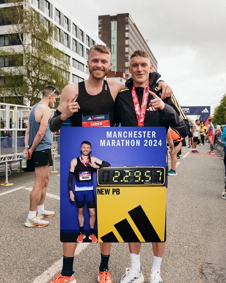 Instagram post by @lloydkempson for SOAR Running. Caption reads: [...] #manchestermarathon #trackstaa #soarrunning.