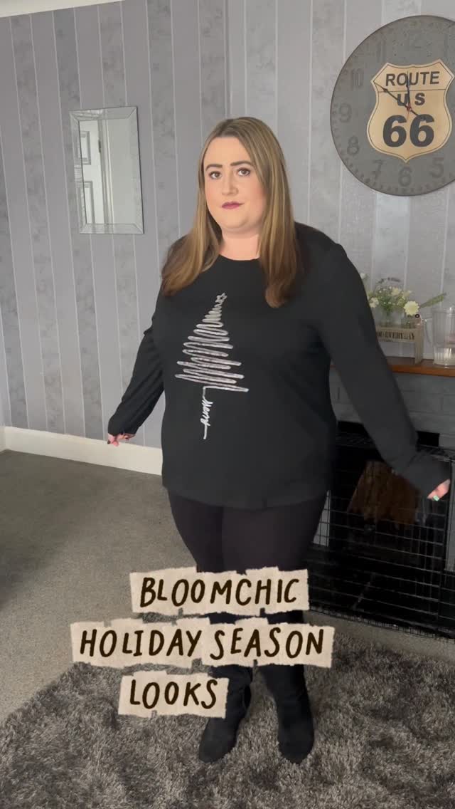 Instagram post by @fiercefieryandfabulous for BloomChic. Caption reads: AD - @bloomchic Holiday Season tops 😍 which one....