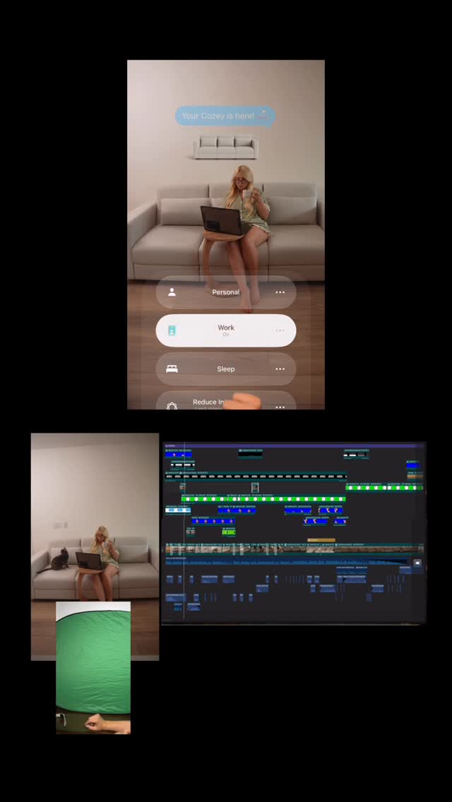 Instagram post by @kate.telek for Cozey. Caption reads: A little preview of what goes behind the scenes....