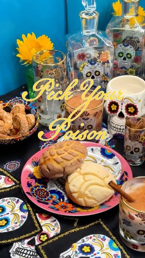 Instagram post by @amirahkassem for Williams Sonoma. Caption reads: A toast to Día de los Muertos 🌺💀 @flourshop....