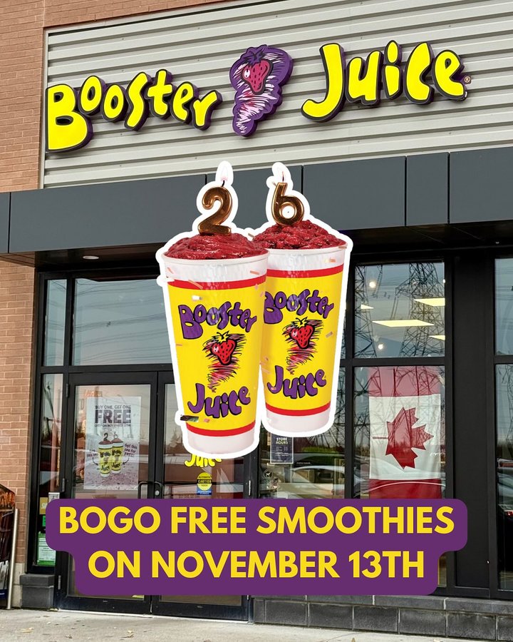 Instagram post by @foodblogcanada for Booster Juice. Caption reads: Heads up smoothie fans! @boosterjuice is bringing....