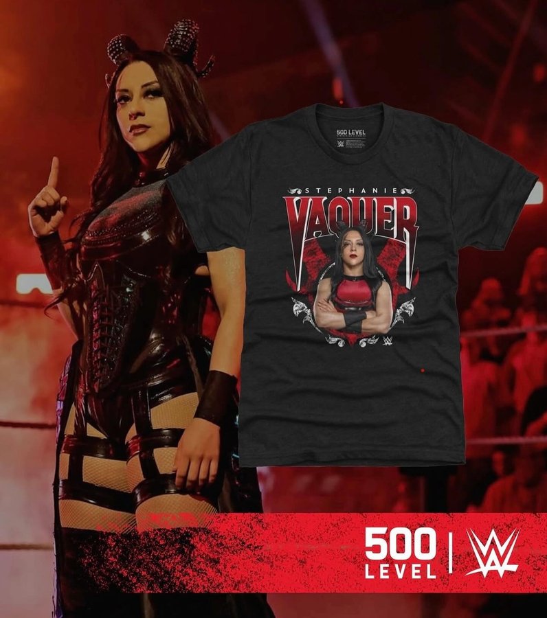 Instagram post by @stephanie.vaquer for 500 LEVEL. Caption reads: [...] Champion — with this bold new tee from 500....