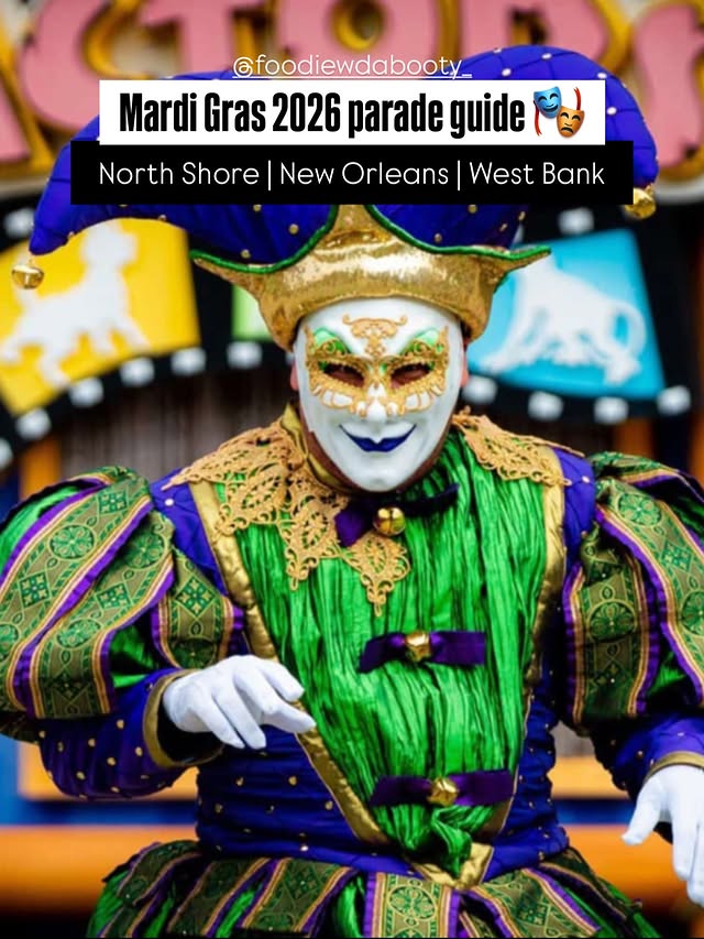 Instagram post by @whatspoppinnola for Visit New Orleans. Caption reads: 🎭 Mardi Gras 2026: Your Ultimate Parade Guide!....