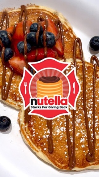 Instagram post by @nutellacafechicago for Nutella. Caption reads: Great pancakes for an even better cause 🚒 🥞 Head....