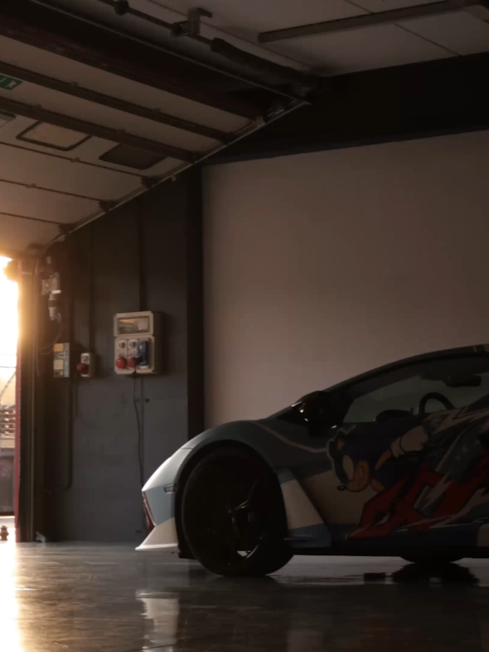 TikTok post by @sonic_hedgehog for Lamborghini. Caption reads: Sonic and Shadow meet @lamborghini. We're back....