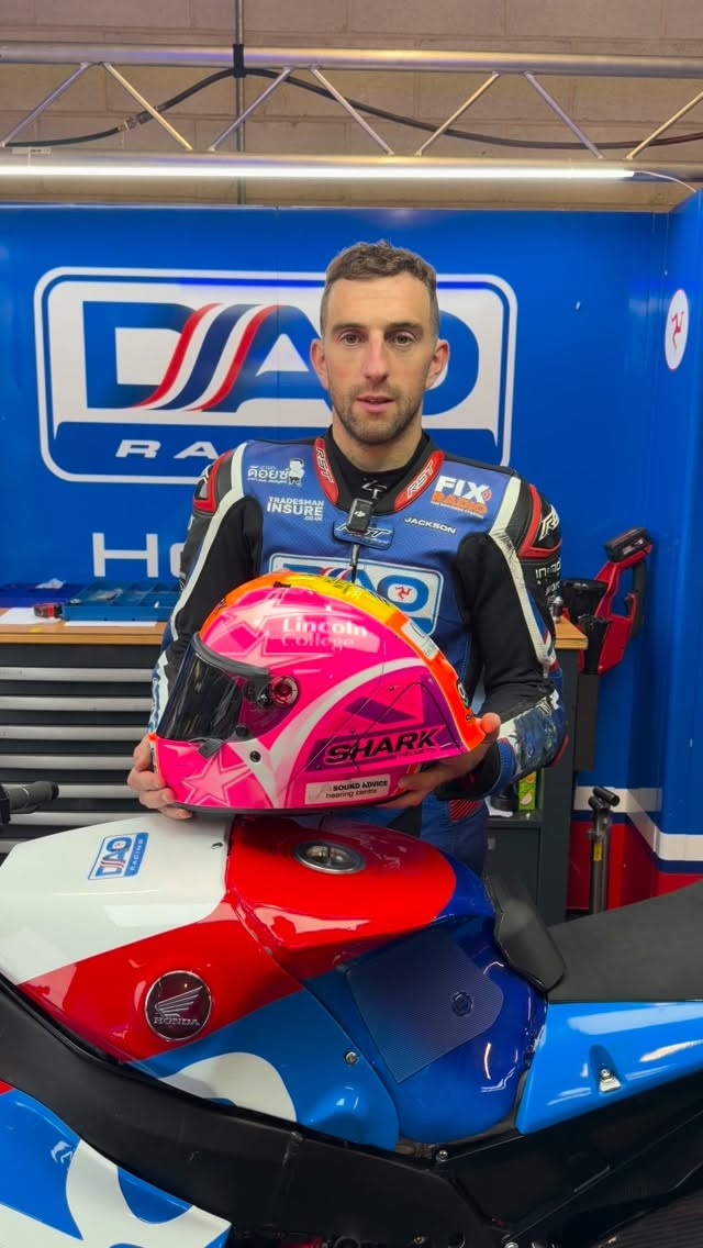Instagram post by @daoracing for SHARK Helmets. Caption reads: Whilst rain stopped play at Oulton Park, we caught....