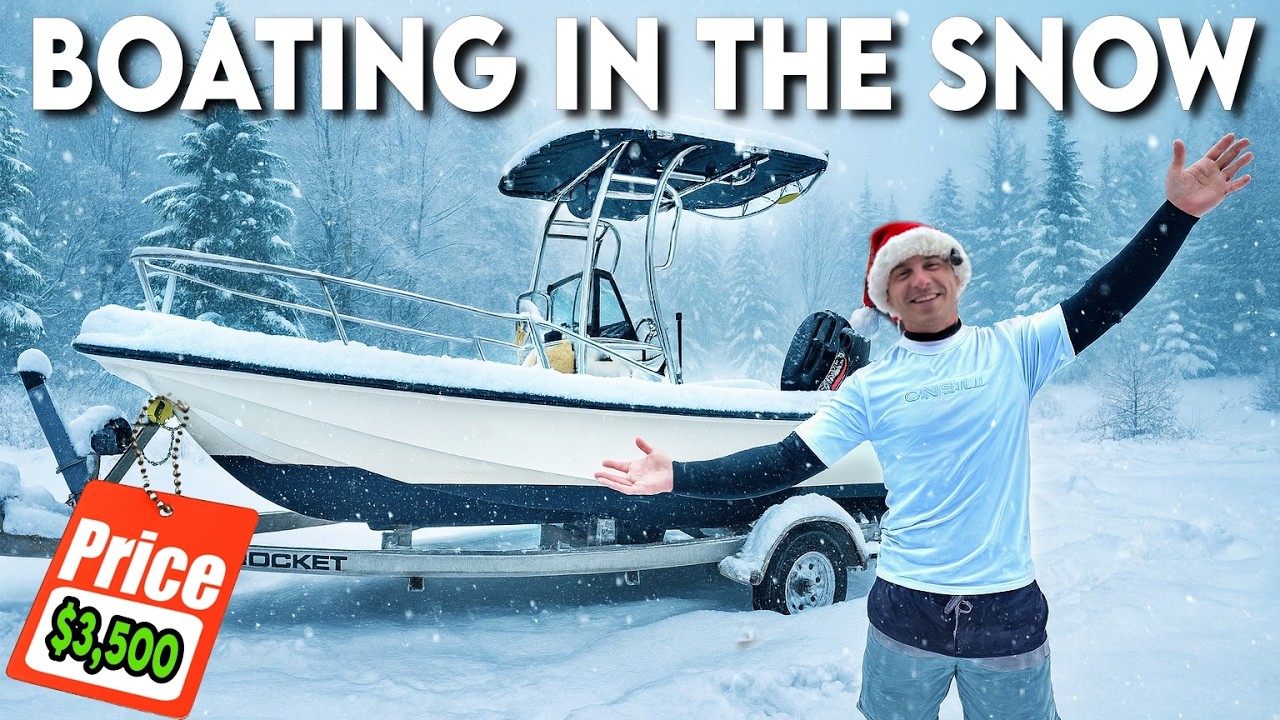 YouTube post by @BrandonGross for Huckberry. Caption reads: This $3,500 Facebook Boat Wasn’t Meant for Winter….