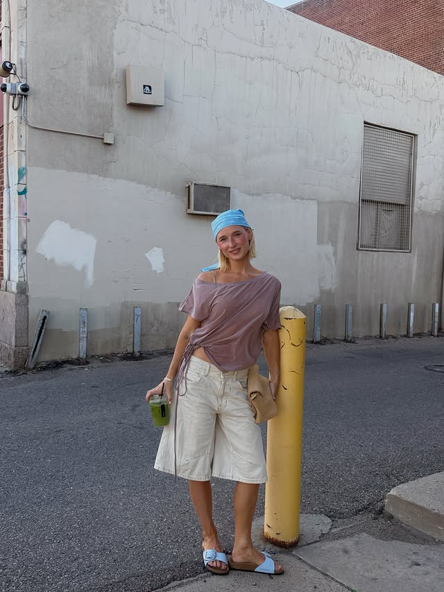 Instagram post by @mayalorimer for Birkenstock. Caption reads: [...] wearing a cute new pair of baby blue....