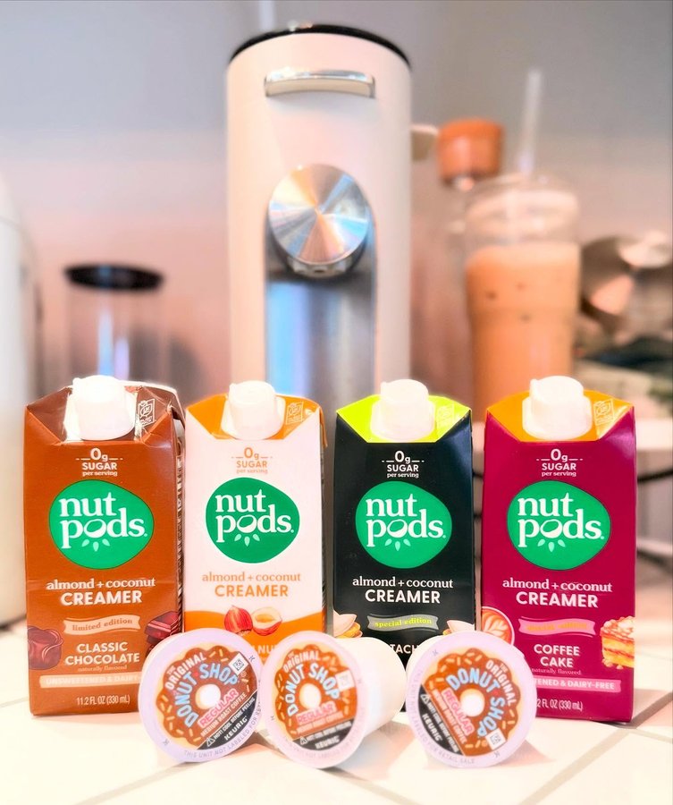 Instagram post by @ginaalolaa for nutpods. Caption reads: [...] more of it! ☕️🤎 @influenster @keurig....