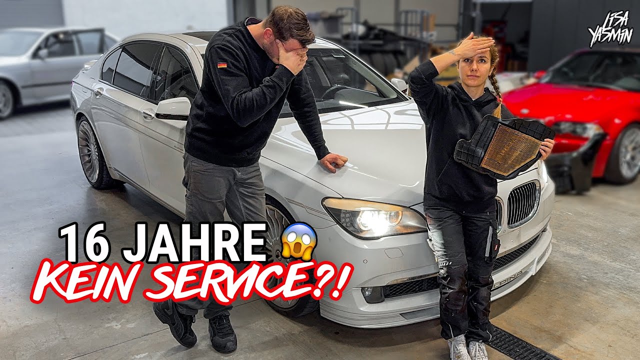 YouTube post by @LisaYasmin for Motul. Caption reads: 16 years without service?! 😱 | BMW Alpina B7....