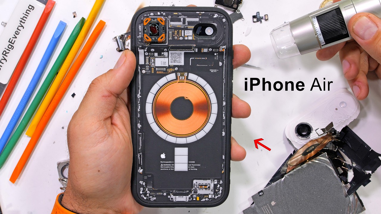 YouTube post by @JerryRigEverything for Dbrand. Caption reads: iPhone Air Teardown -- I have no words.