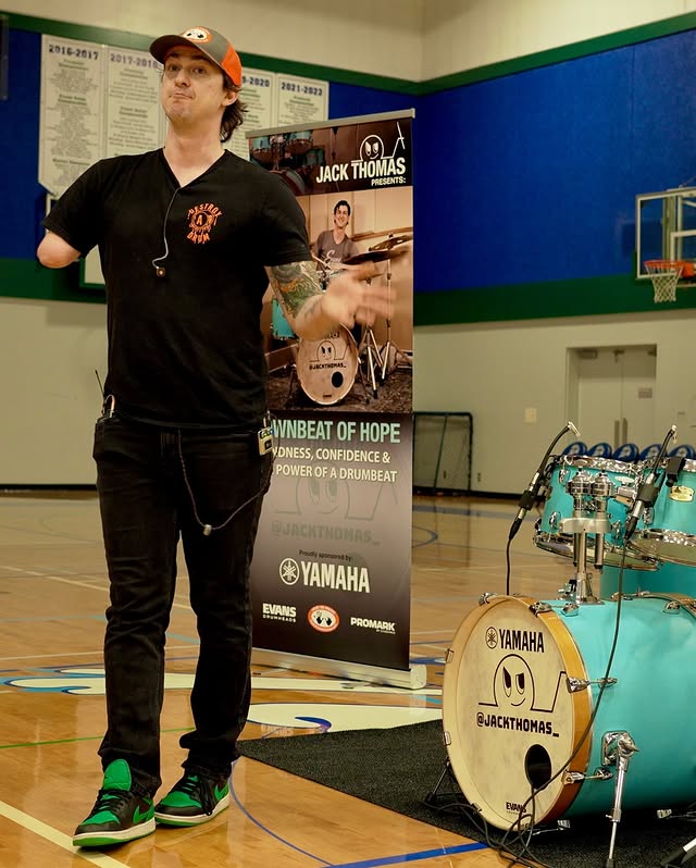 Instagram post by @jackthomas_ for EVANS Drumheads. Caption reads: [...] to @yamahacanmusic, @promarksticks,....